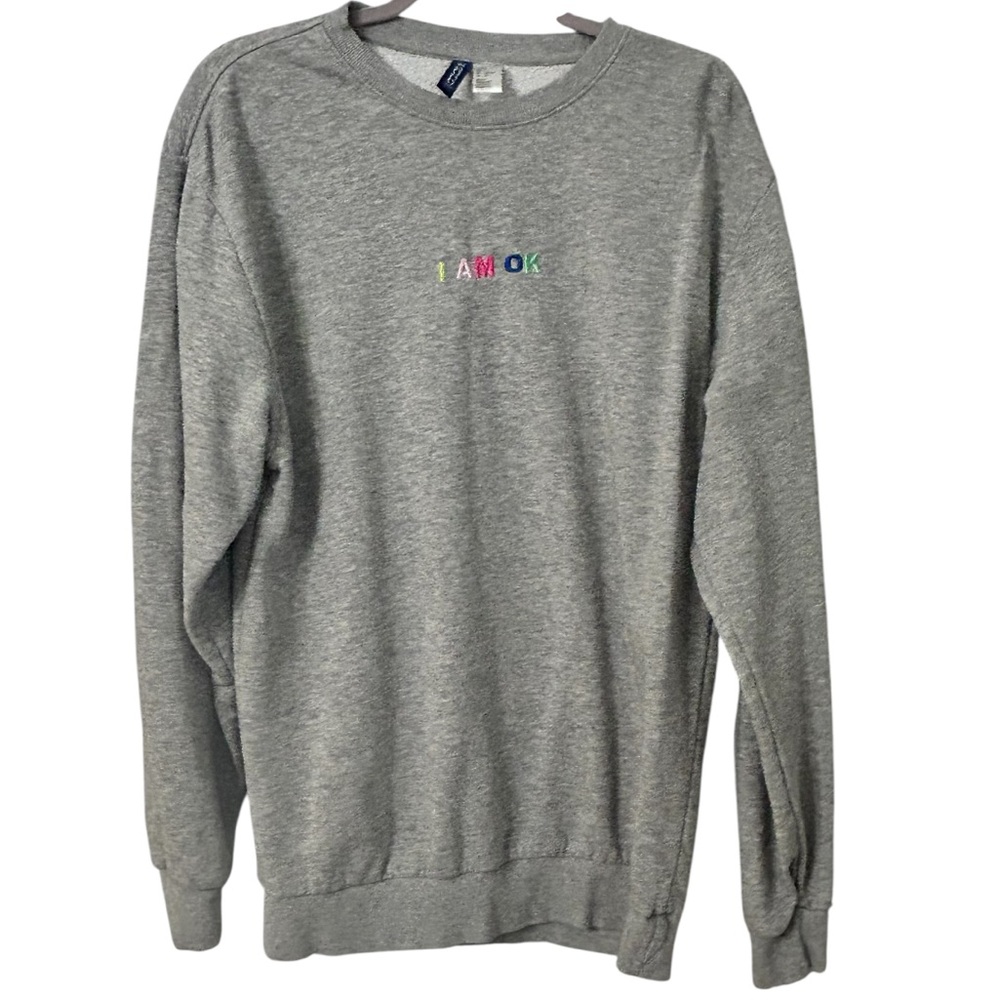 Divided SWEATSHIRT WITH A MOTIF “I AM OK” Grey Men’s Small Sweater - Picture 3 of 5